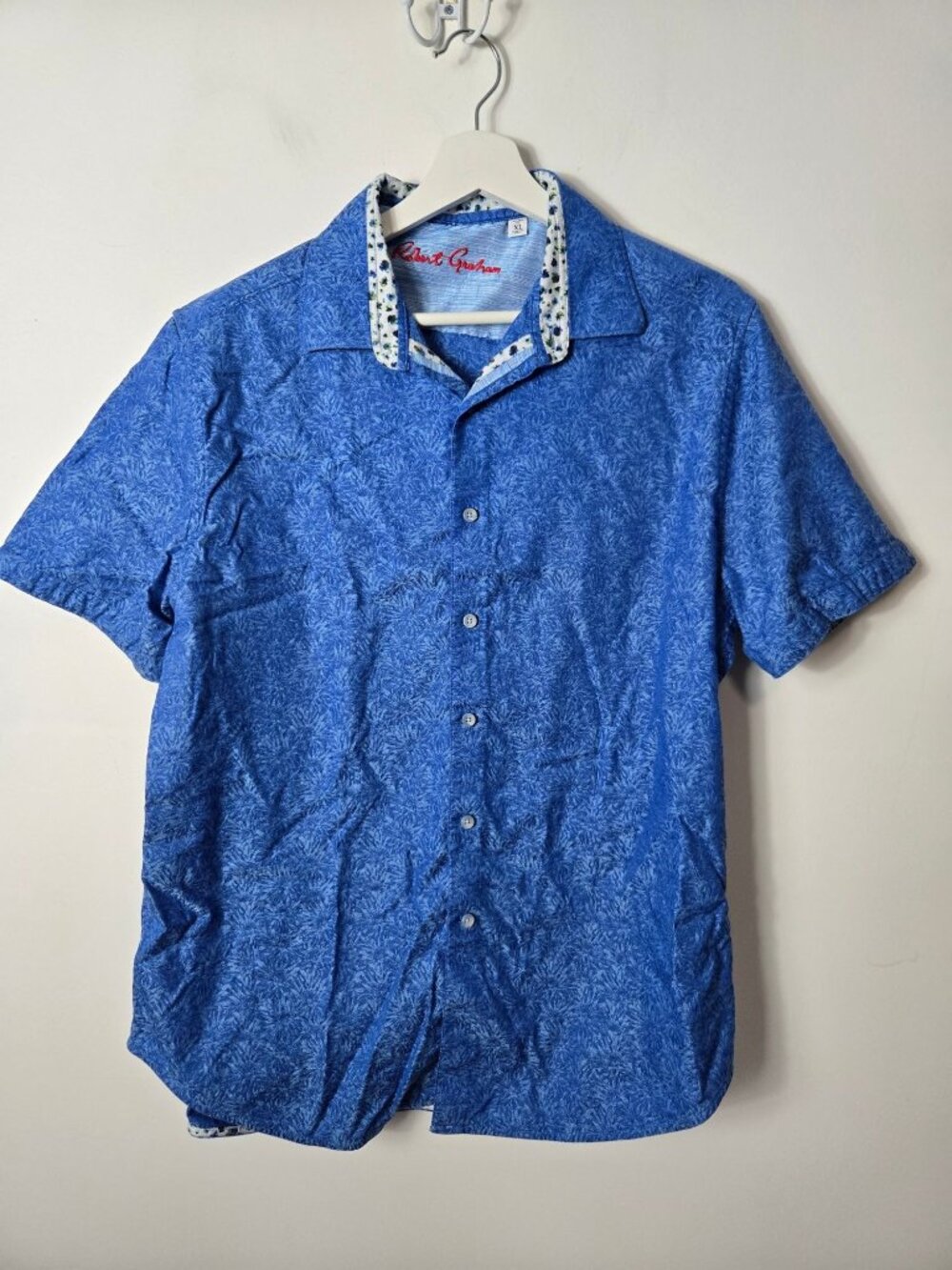 Robert Graham Size XL Paisley Blue Floral Short Sleeve Button-Up Shirt Cotton